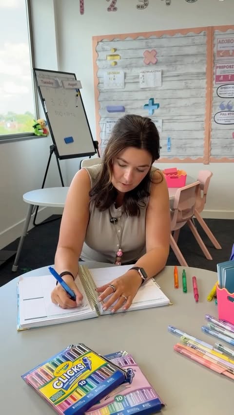 Instagram post by @teachwithmrsf_ for Crayola. Caption reads: Back to school planning with @crayola_uk....