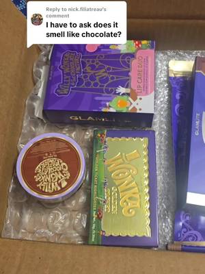 TikTok post by @amandafiliatreau for Glamlite Cosmetics. Caption reads: [...] #willywonka wonka #glamlite....