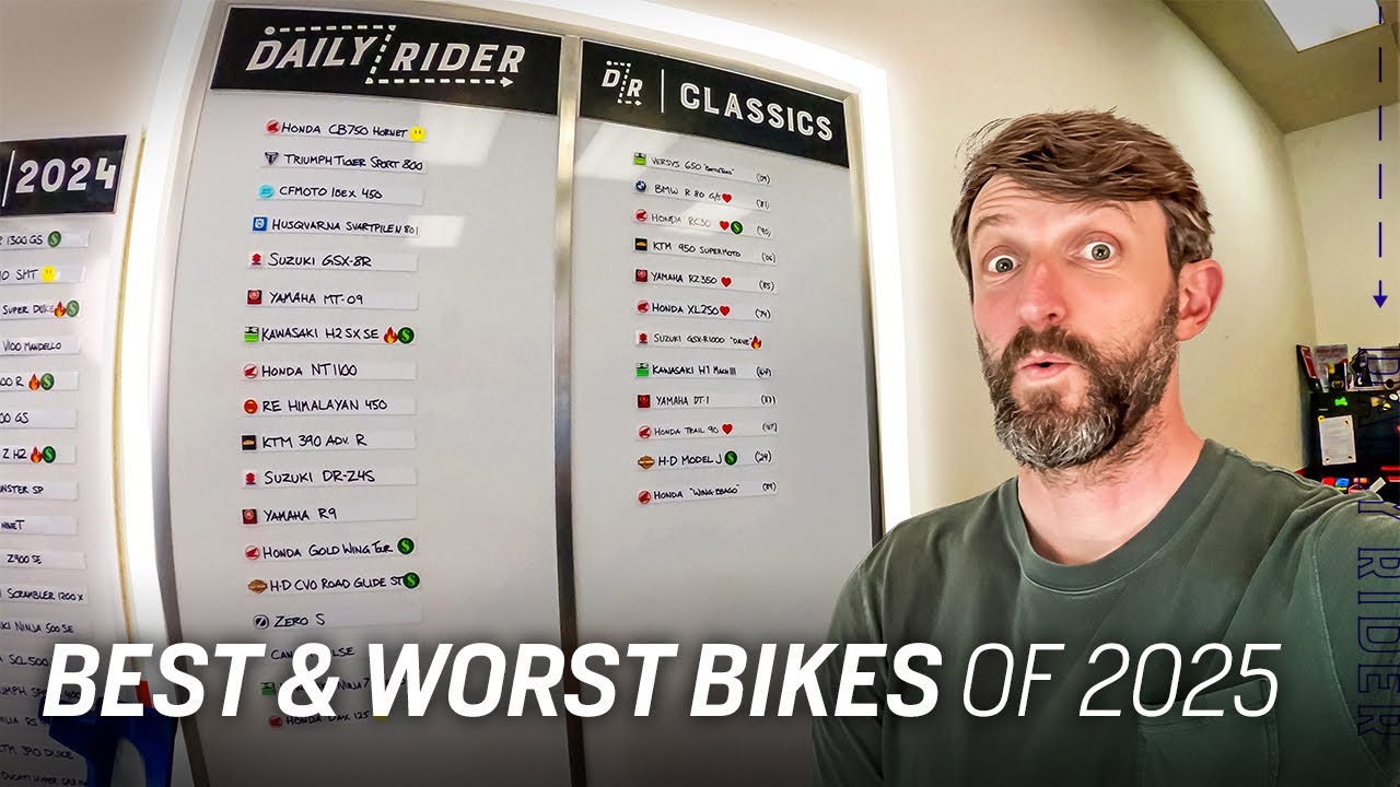 YouTube post by @RevZilla for Progressive. Caption reads: Best & Worst Motorcycles of 2025 | Daily Rider.