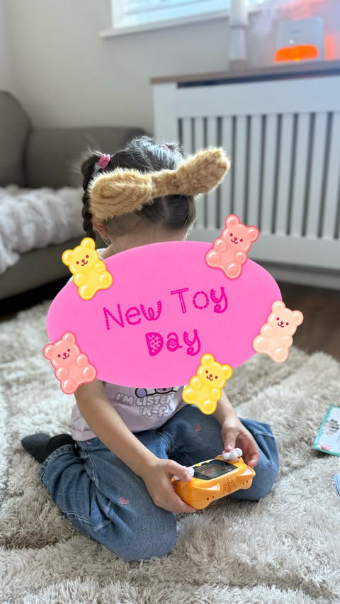 Instagram post by @mia.plus.four for VTech USA. Caption reads: New toy day for my animal obsessed girl 🐈....