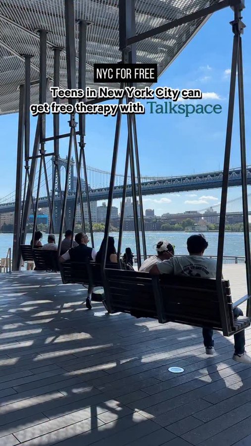 Instagram post by @nyc_forfree for Talkspace. Caption reads: Teens in New York City can get FREE therapy with....