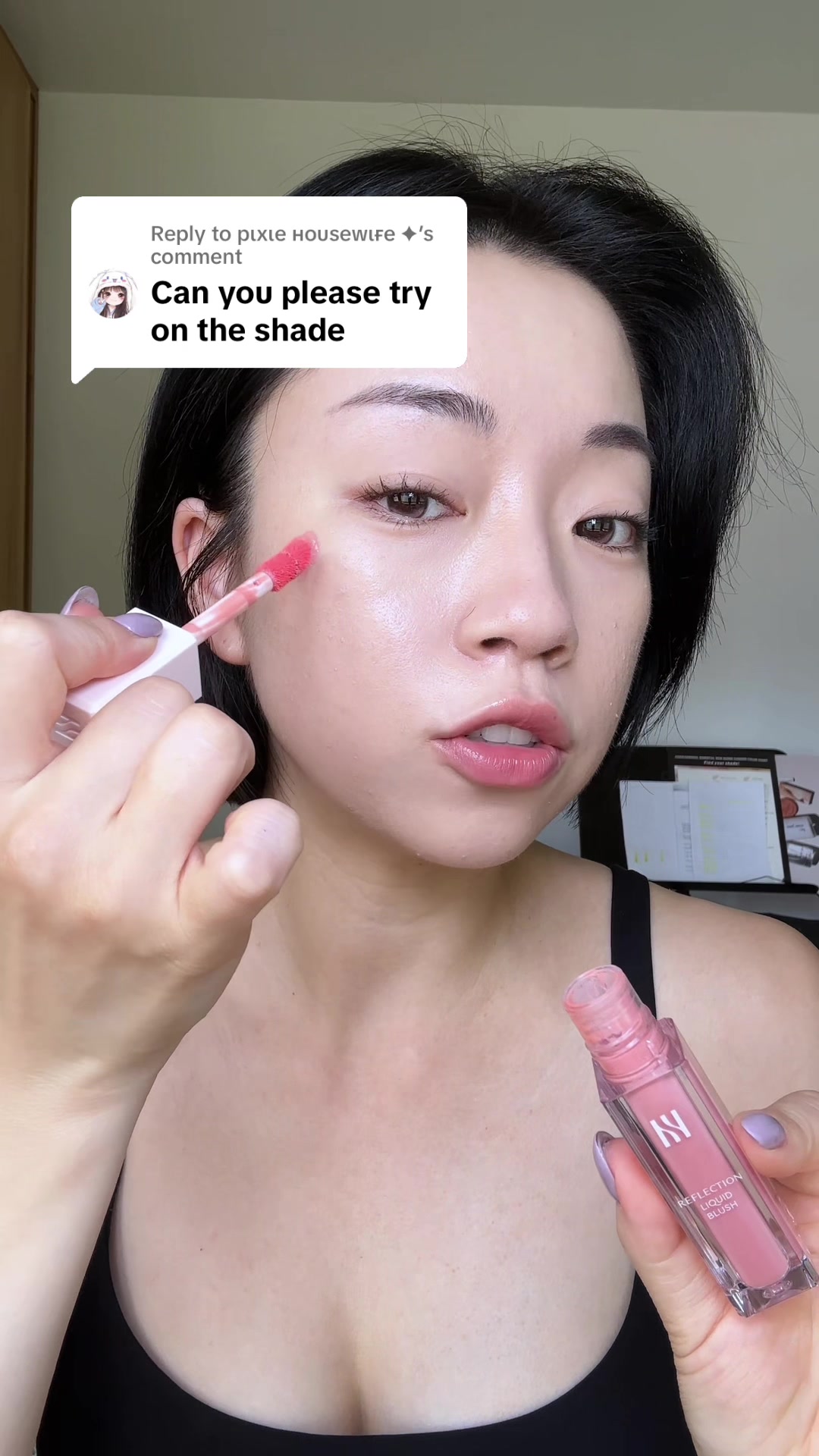 TikTok post by an influencer for HERA. Caption reads: [...] ✦ trying on dolly peach! @HERA #hera....