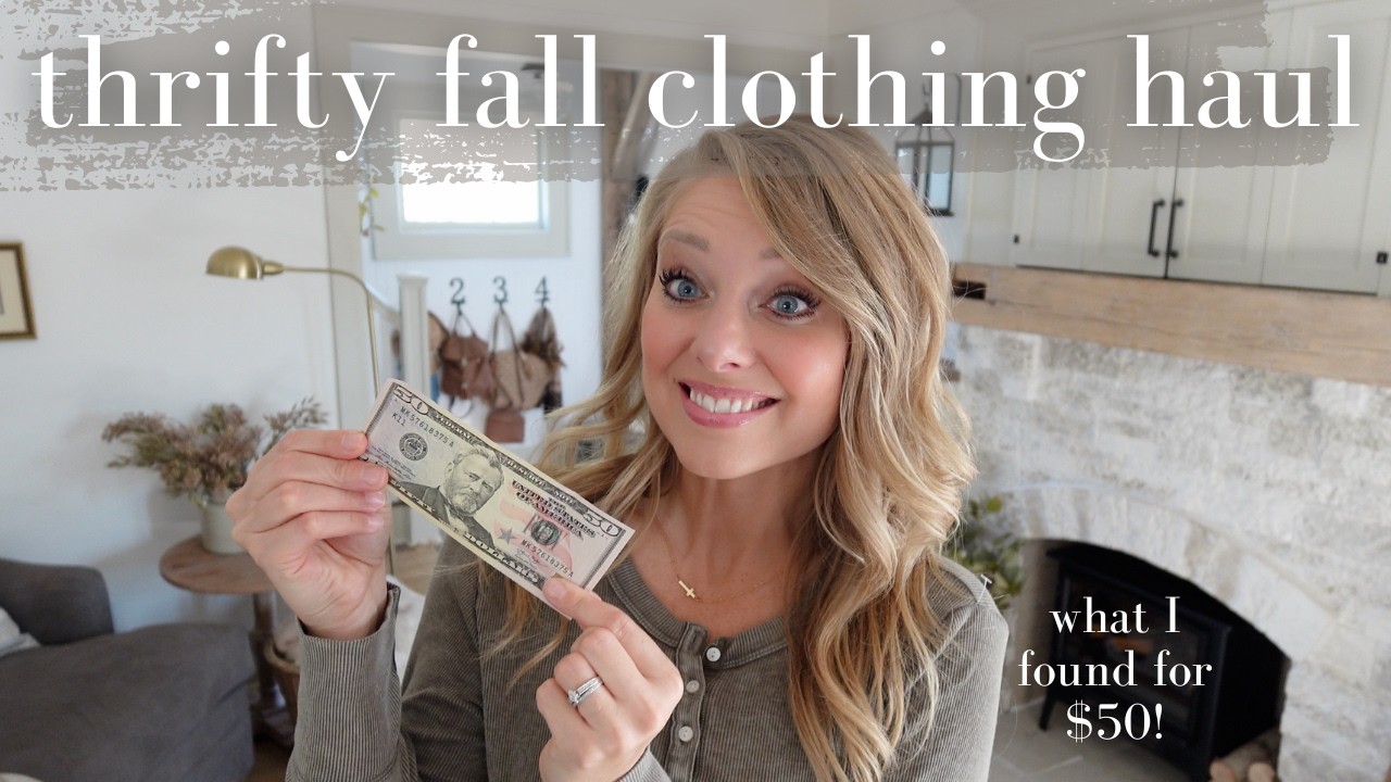 YouTube post by @PineandProspectHome for BURGA. Caption reads: How to Thrift for Clothing - My Thrifty Fall Haul....