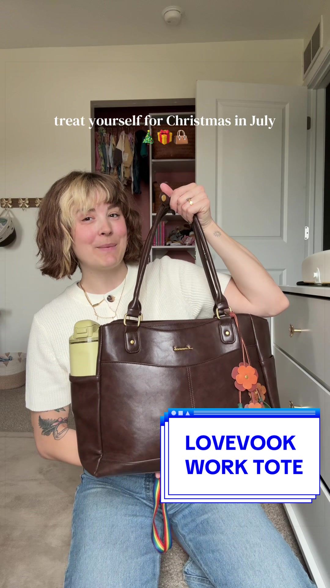 TikTok post by @meganscohera for Lovevook. Caption reads: @Lovevook Bags with my favorite work tote! 🙌🏼.