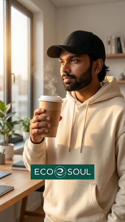 Instagram post by @rockyveen for EcoSoul. Caption reads: [...] switched to these compostable cups from....