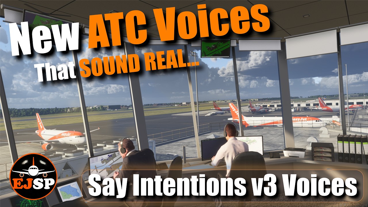 YouTube post by @Easyjetsimpilot for Thrustmaster. Caption reads: New AI ATC Voices Are Amazing in MSFS 2024 |....