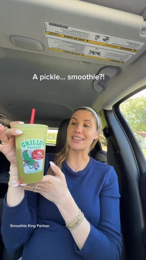 Instagram post by @the.daily.balance for Smoothie King. Caption reads: [...] 😳🥒 come try the Grillo’s Pickles x....
