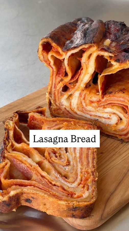 Instagram post by @dannylovespasta for Food52. Caption reads: Lasagna meets pizza meets bread -....