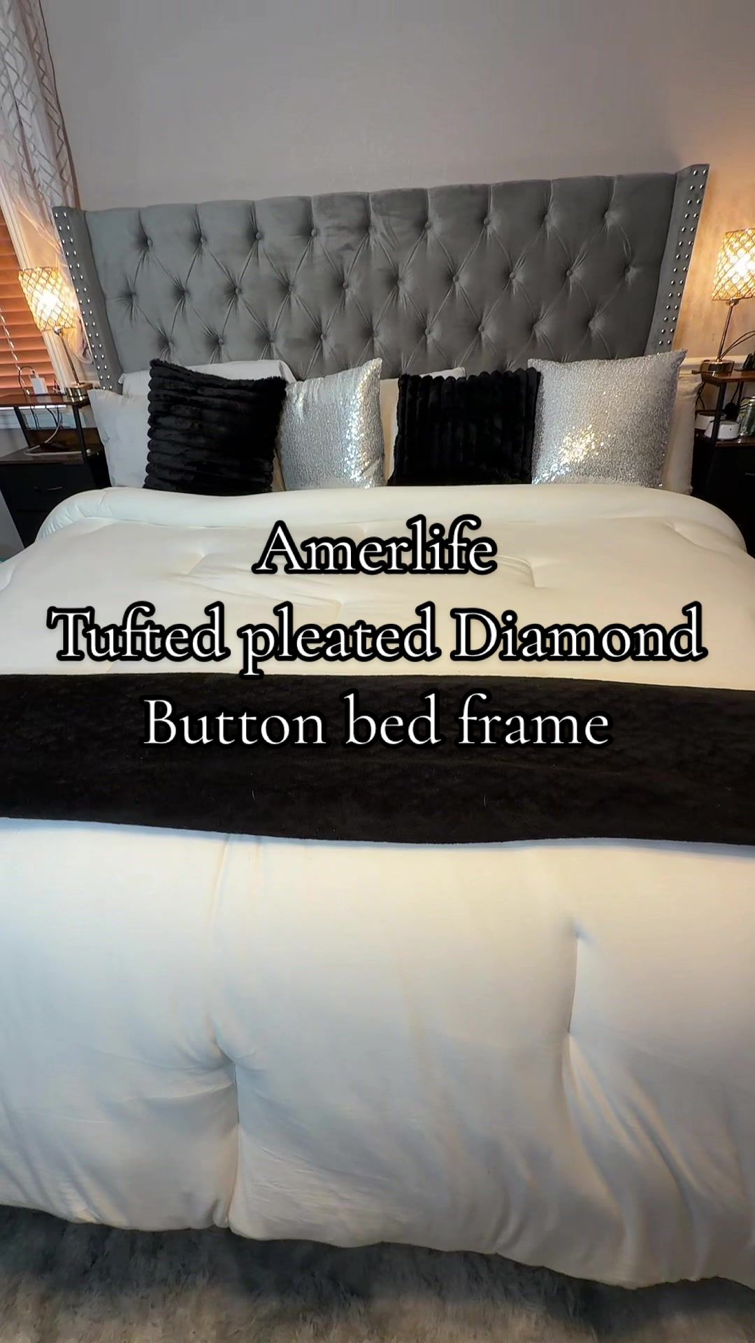 TikTok post by @shop_withtina for Amerlife. Caption reads: 🤌🏽✨This tufted velvet bedframe from Amerlife is....