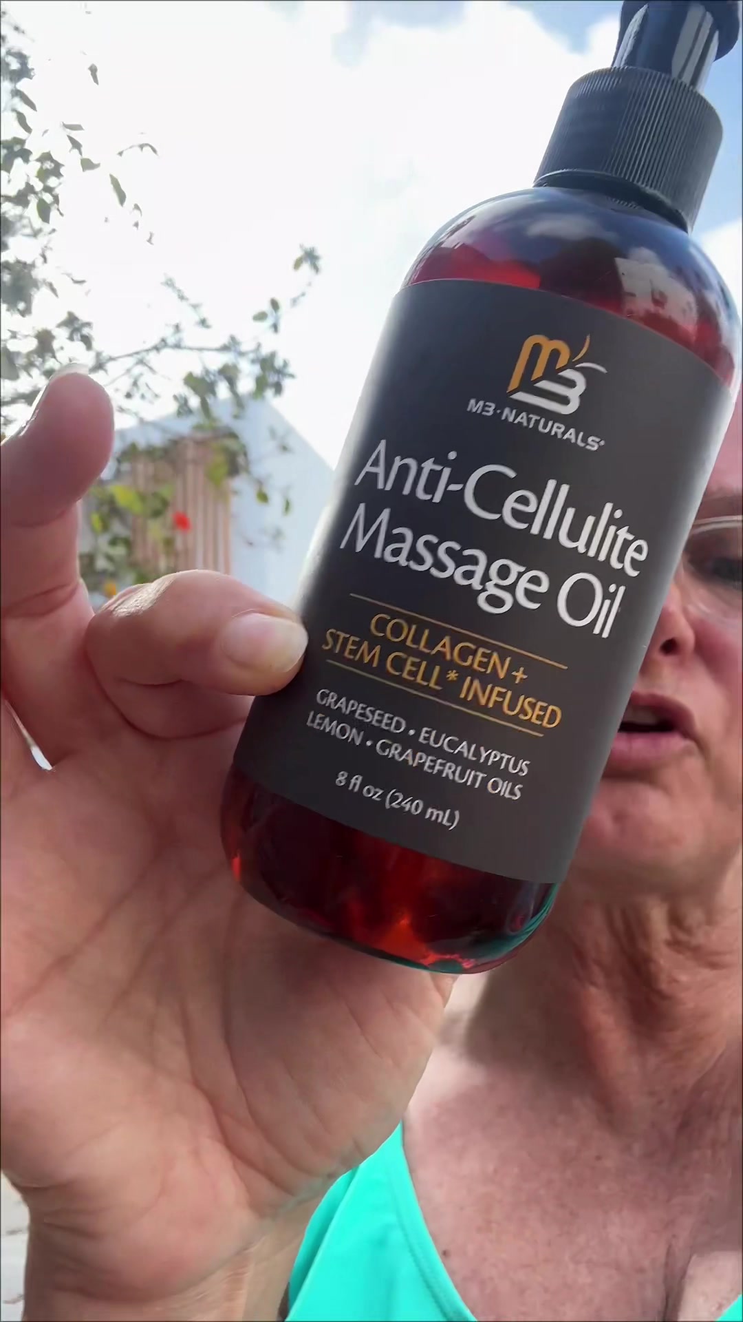 TikTok post by @ha_gerty__ for M3 Naturals. Caption reads: @M3 Naturals Anti-Cellulite Massage Oil can help....