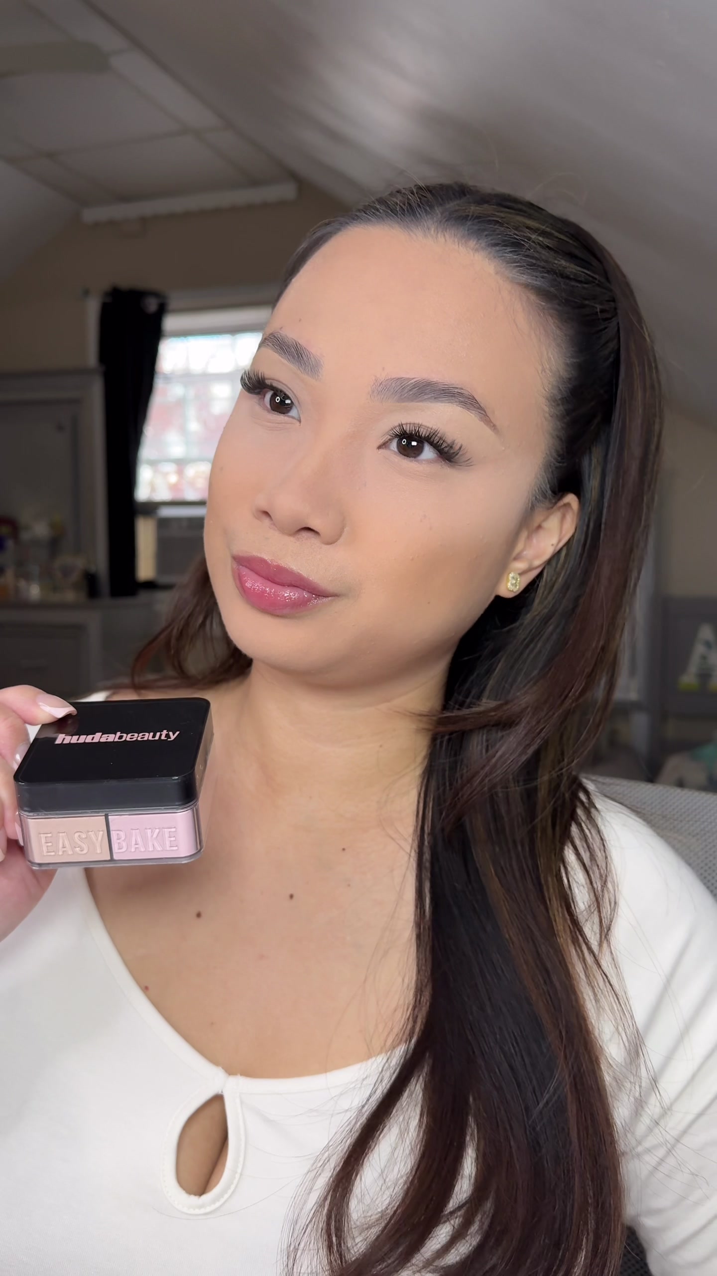 TikTok post by @anjane.xo for Huda Beauty. Caption reads: @Huda Beauty easy bake duo in cherry [...].