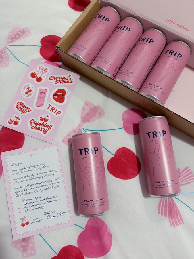 Instagram post by @pami01v for Drinks TRIP. Caption reads: #AD Say YES to the new TRIP Cherry Lemon Mindful....