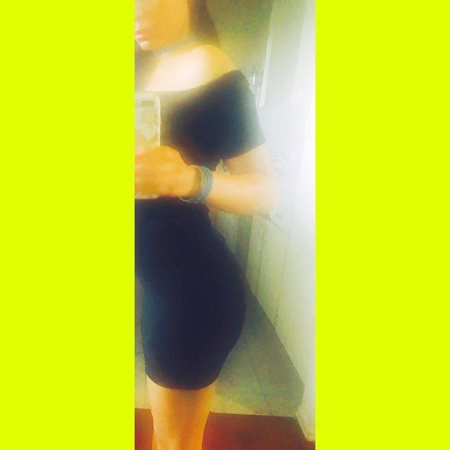 Instagram post by @dreaavent for BCBGMAXAZRIA. Caption reads: [...] less in my little black dress from....