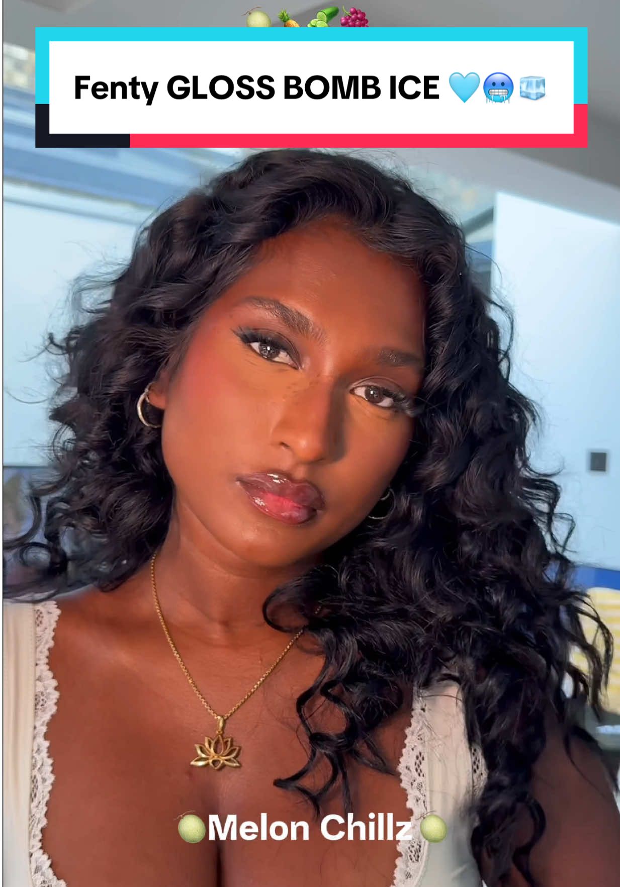 TikTok post by @linnygd for Fenty Beauty. Caption reads: Cool off with the NEW @Fenty Beauty Gloss Bomb Ice....