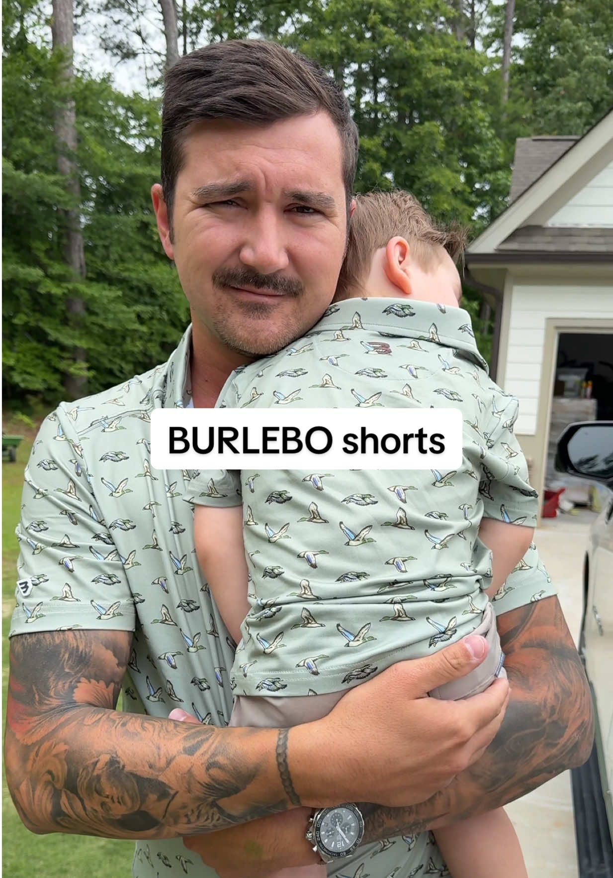 TikTok post by @southernlawndaddy for BURLEBO. Caption reads: Skies out, thighs out. @BURLEBO shorts are hands....