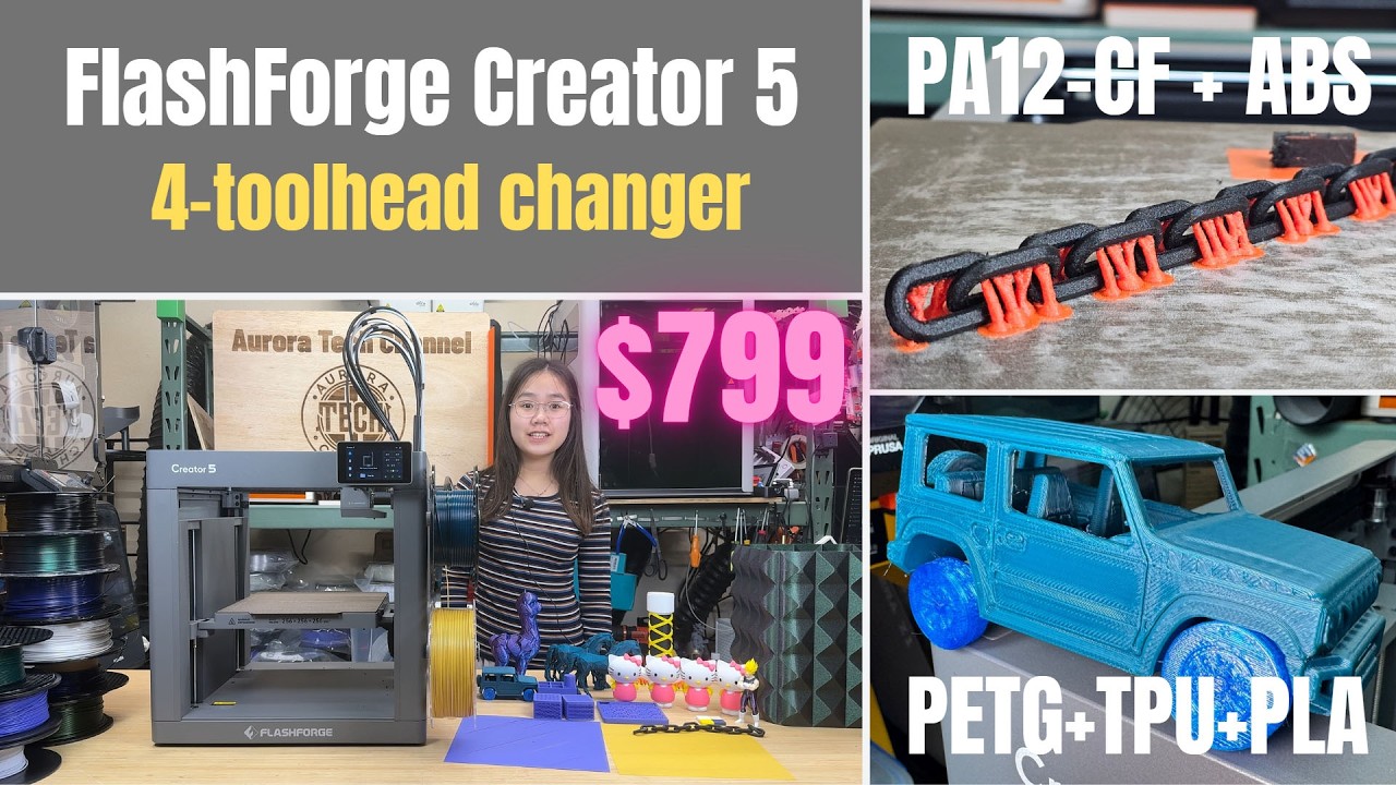 YouTube post by @AuroraTech for Thingiverse. Caption reads: FlashForge Creator 5 - The lowest price tool....