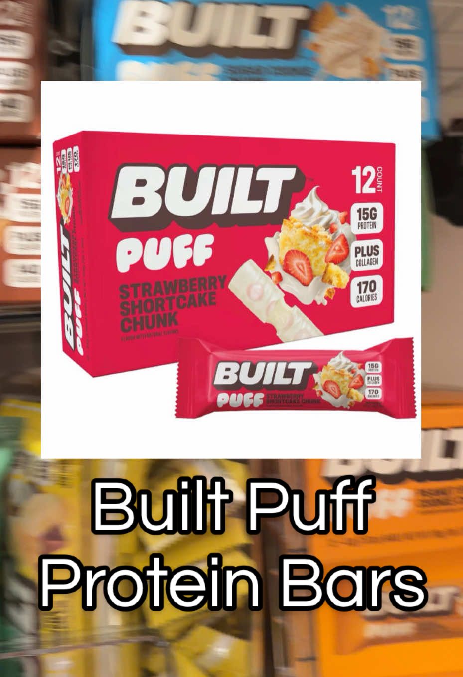 TikTok post by @rachelcbee for BUILT Bar. Caption reads: 🍓✨ NEW BUILT Puff: Strawberry Shortcake Chunk ✨🍓....