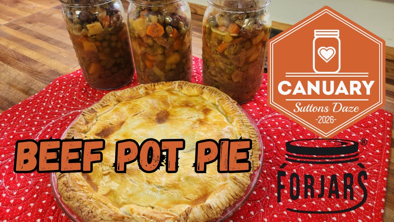 YouTube post by @SuttonsDaze for Azure Standard. Caption reads: Canuary - Pressure Canning Beef Pot Pie.