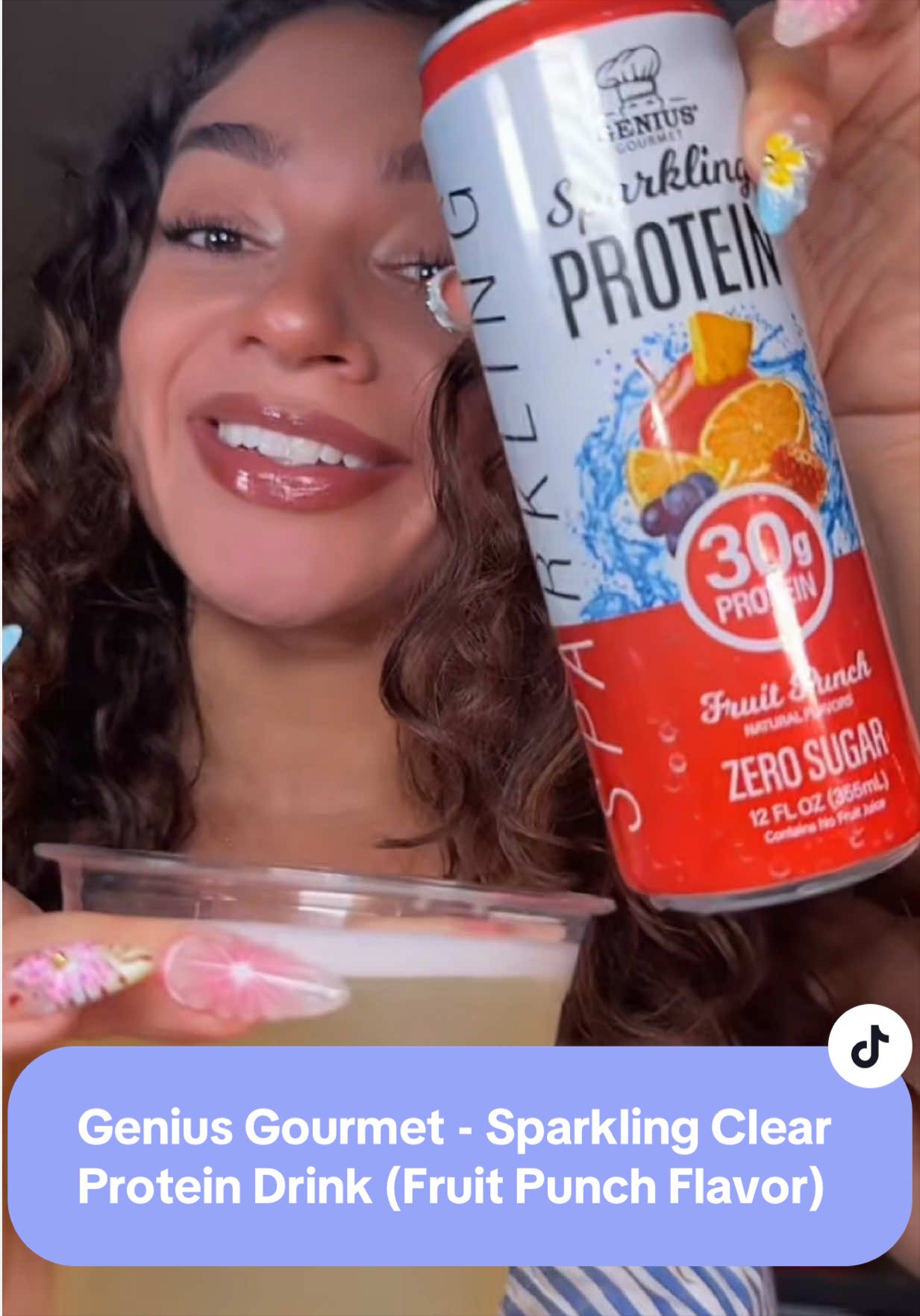 TikTok post by @leeleesfavfinds for Genius Gourmet. Caption reads: [...] #clearprotein #proteingoal @Genius Gourmet....