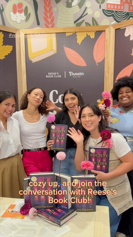 Instagram post by @theroomiesdigest for Reese’s Book Club. Caption reads: [...] food, and The Society of Lies 📖🍂....