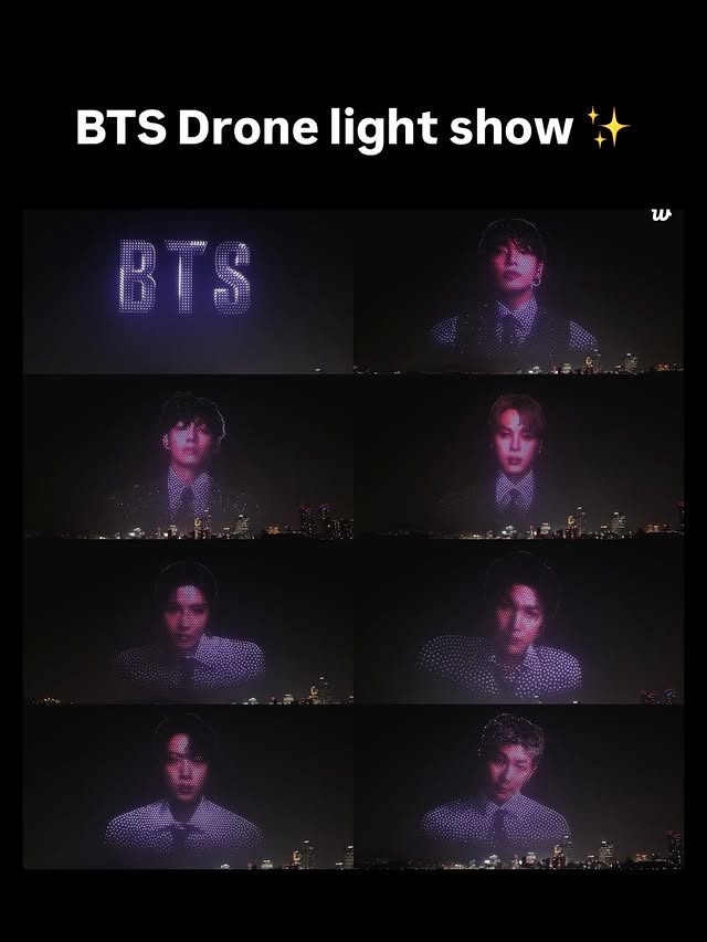 Instagram post by @thv.updates for COKODIVE. Caption reads: [...] amazing drone show just for BTS!! Use....