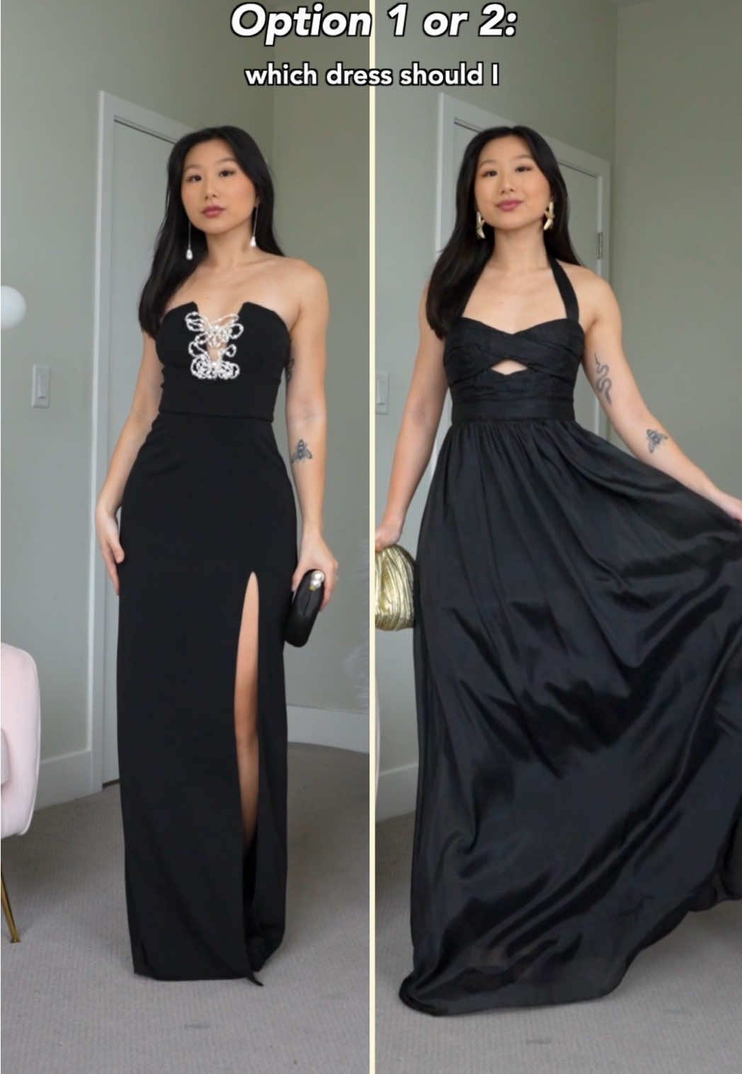 TikTok post by @vivacious.honey for Marshalls. Caption reads: 1️⃣ or 2️⃣? Bride request: all-black and ✨extra✨....