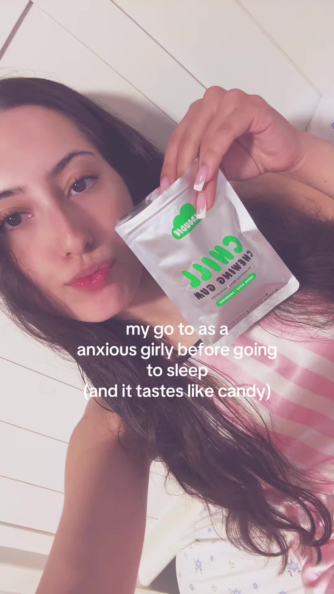 TikTok post by @trulyamberr for Clooudie. Caption reads: @Clooudie Gum sooo good ! #sleep #sleeptips [...].