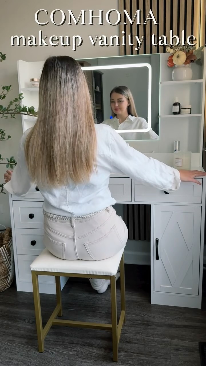 Instagram post by @khrystynapolek for COMHOMA. Caption reads: Makeup Vanity table @comhoma.official 
15% Off....