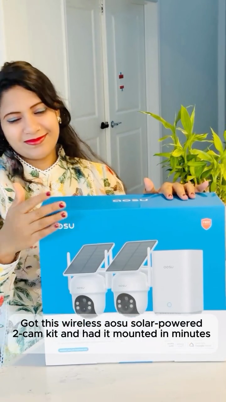 Instagram post by @nitu_sunshine79 for Aosu Life. Caption reads: [...] wireless solar-powered 2-cam kit from....