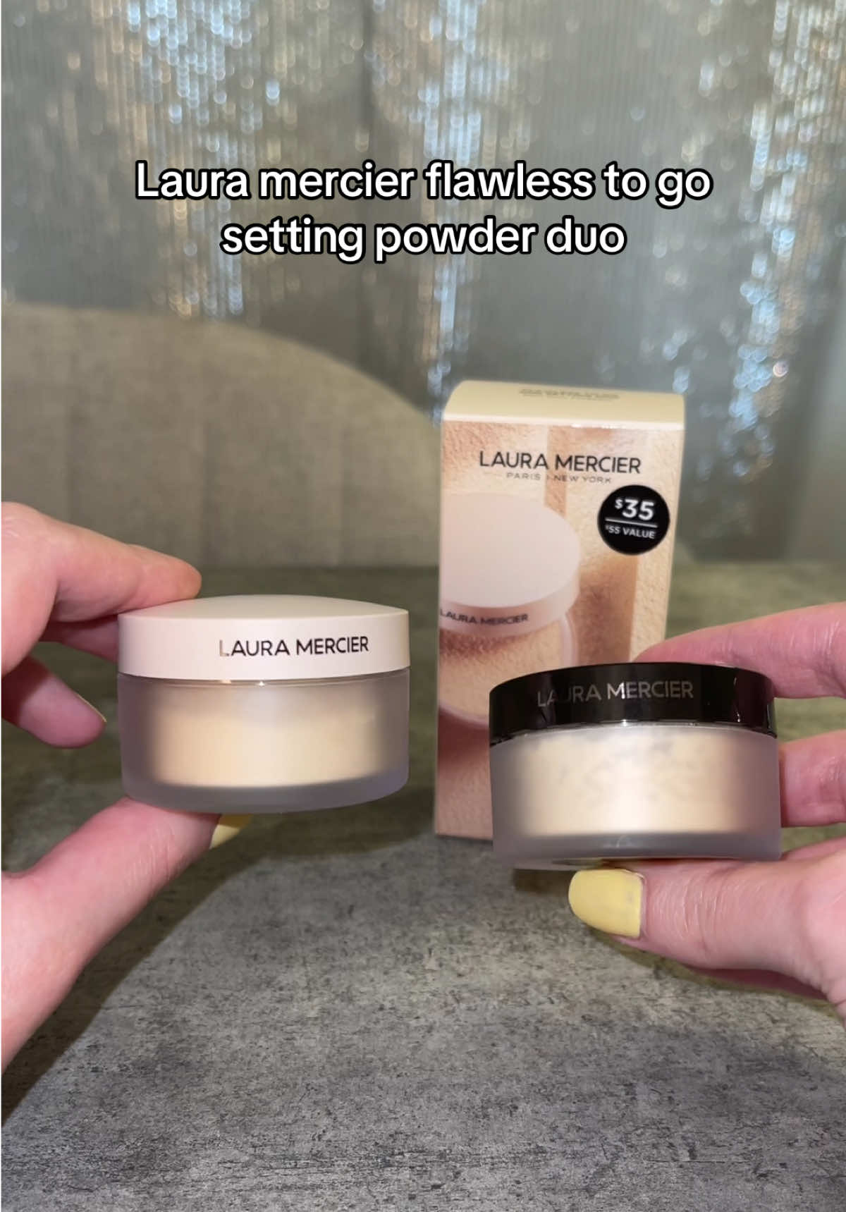 TikTok post by @psychicizzy for Laura Mercier. Caption reads: Laura mercier mini flawless to go setting [...].