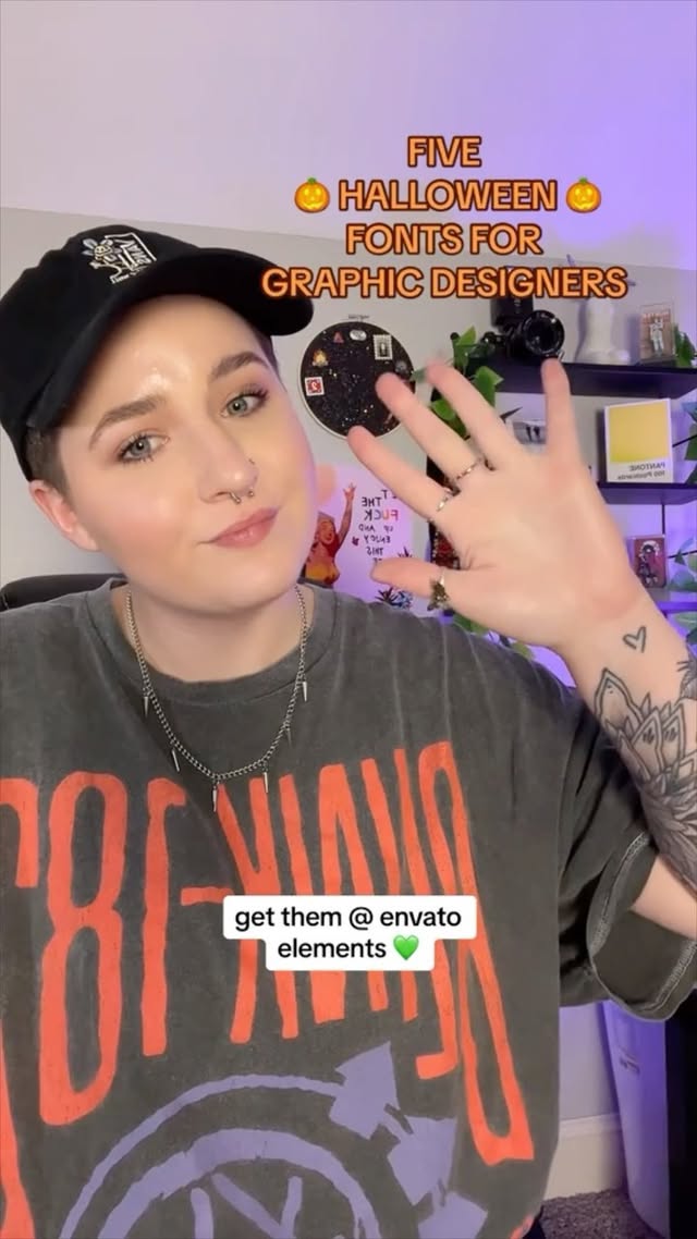 Instagram post by @kelseyslaydesign for Envato. Caption reads: [...] FONTS FOR GRAPHIC DESIGNERS 🎃 All from....