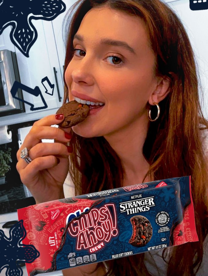 Instagram post by @milliebobbybrown for Chips Ahoy!. Caption reads: #ad The countdown to Stranger Things 5 is on, and....