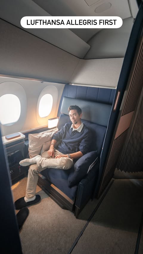 Instagram post by @jerometraveller for Lufthansa. Caption reads: [...] enclosed suite in the sky. This is....