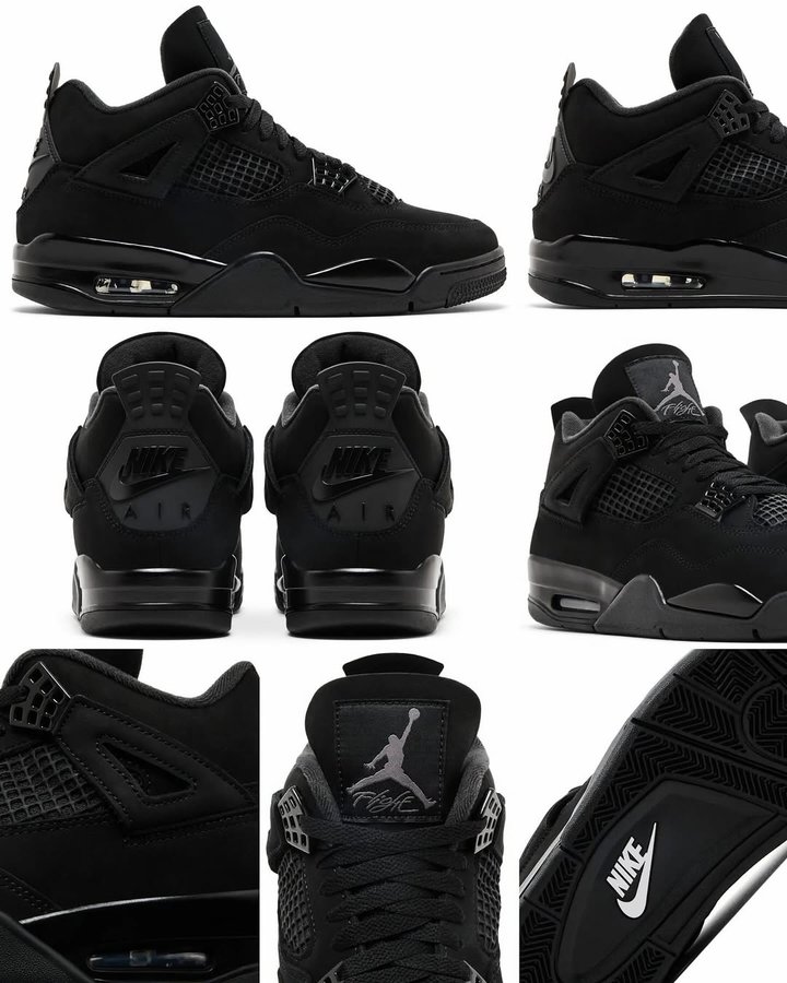 Instagram post by @zsneakerheadz for GOAT. Caption reads: 2025 “Black Cat” Jordan 4 detailed look!....