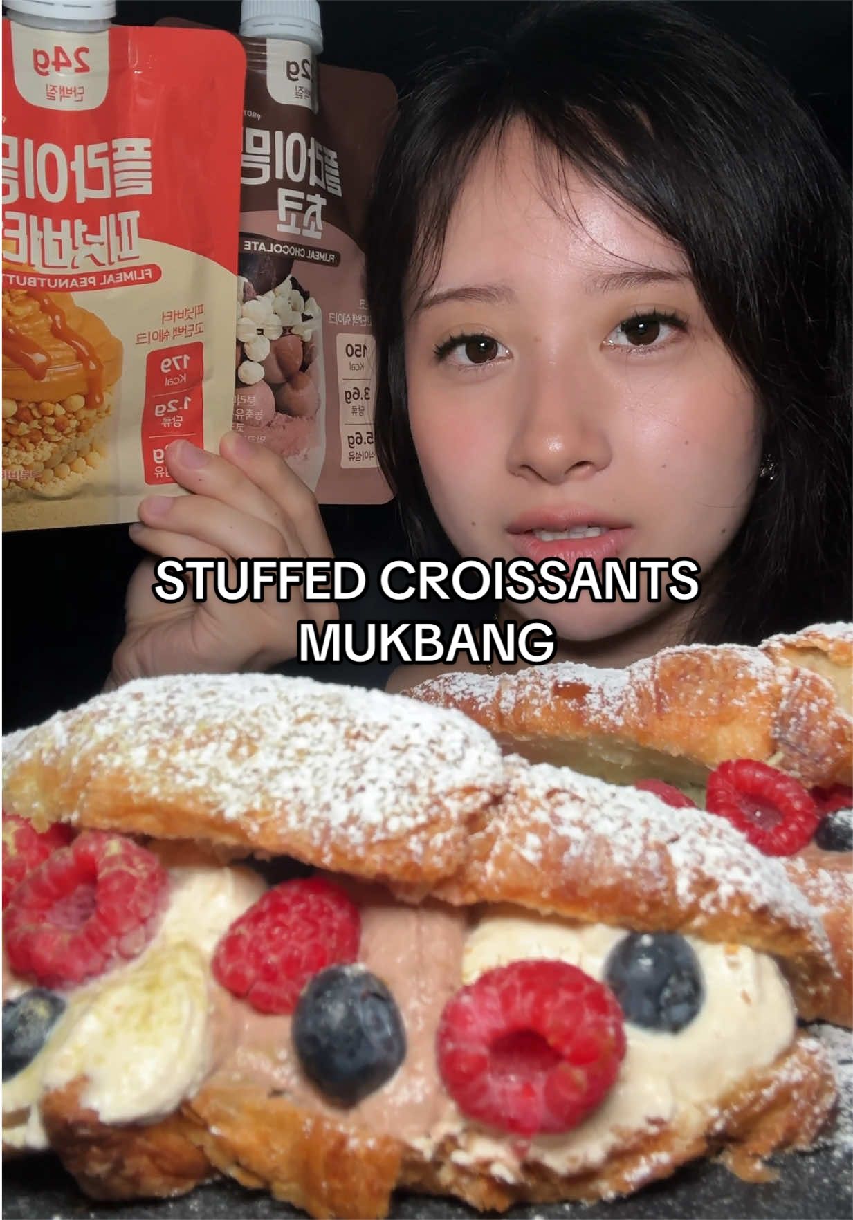 TikTok post by @selenaeats2much for Fullight_global. Caption reads: FLIMEAL protein croissants @Fullight #flimeal....