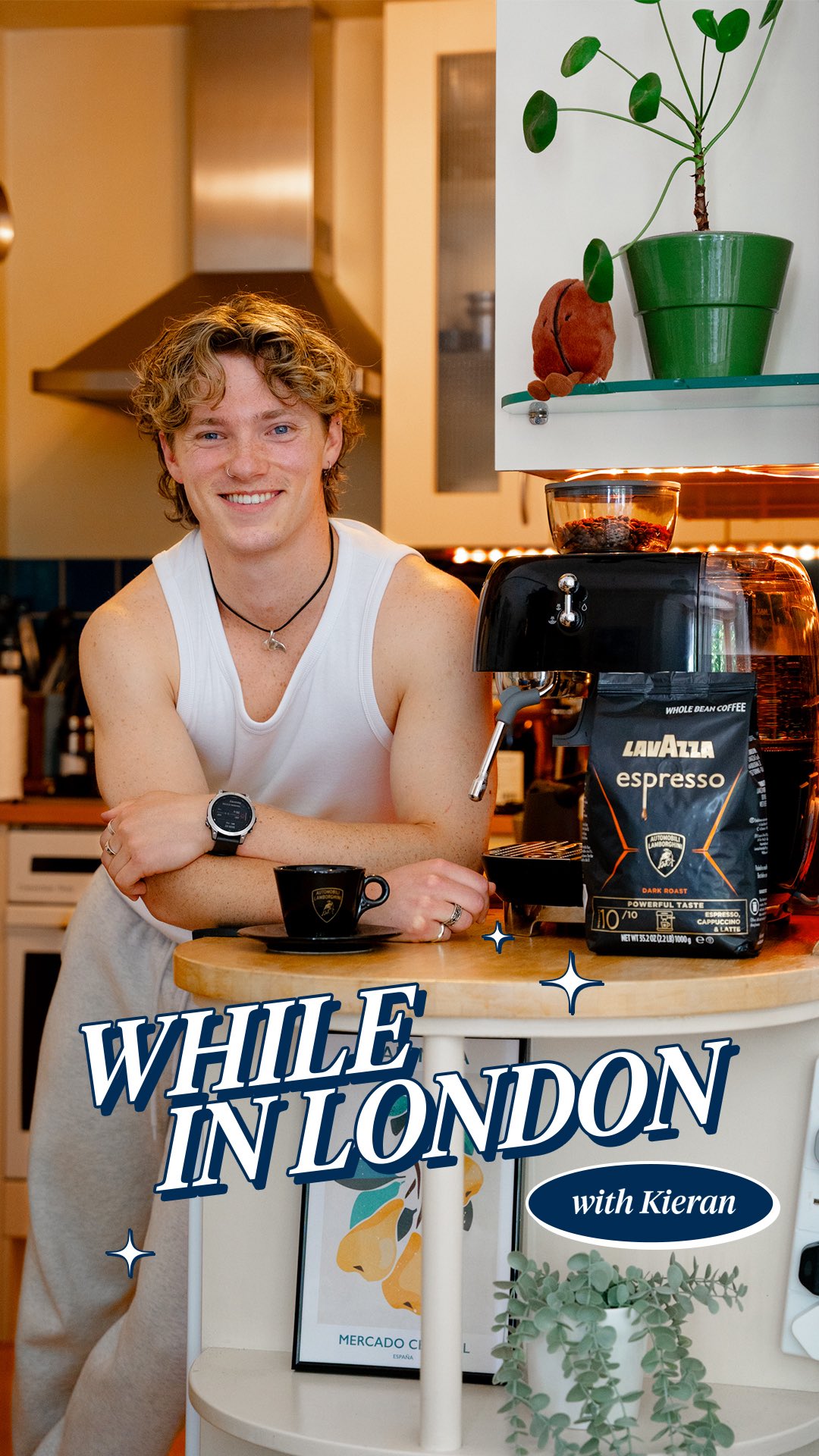 Instagram post by @kieranmusic for Lavazza. Caption reads: @kieranmusic is always on the move – whether he’s....