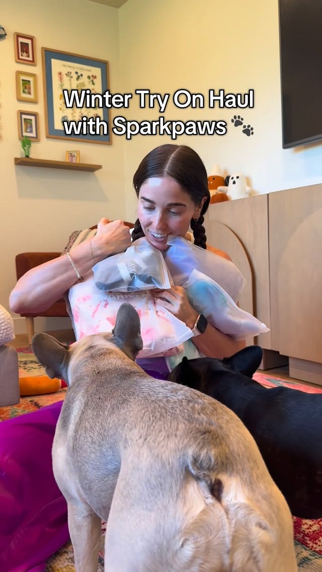 Instagram post by @frenchbulldogbehavior for Spark Paws. Caption reads: The @sparkpawsofficial winter collection is....