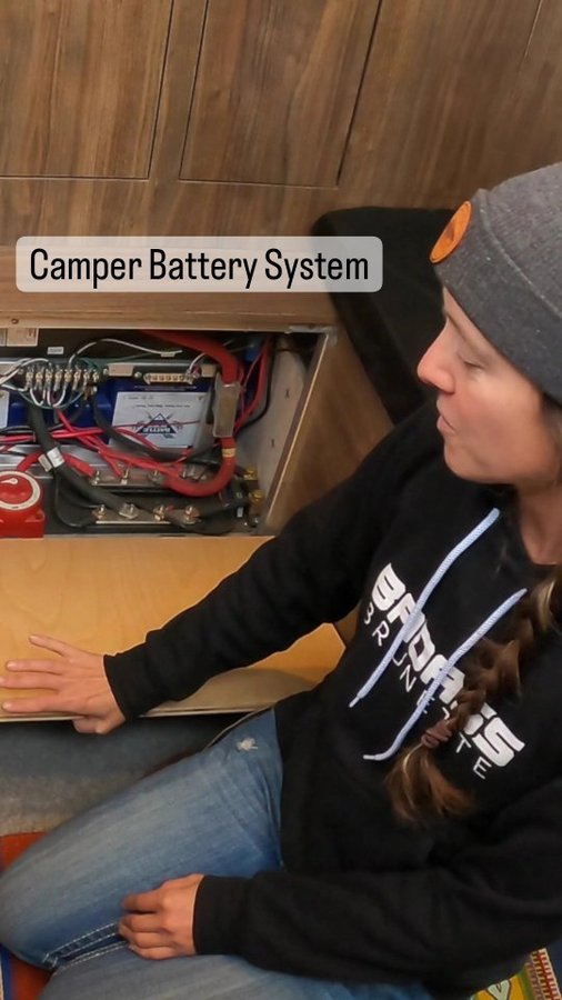 Instagram post by @badassbrunette for Battle Born Batteries. Caption reads: [...] tiny space?? New YouTube Episode!....