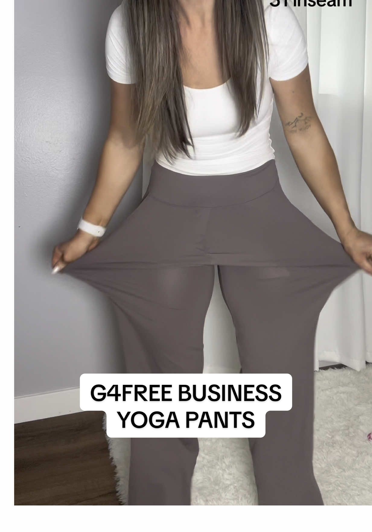 TikTok post by @kyahmorrow for G4Free. Caption reads: [...] #businessclothes #yogapants #g4free @G4Free....