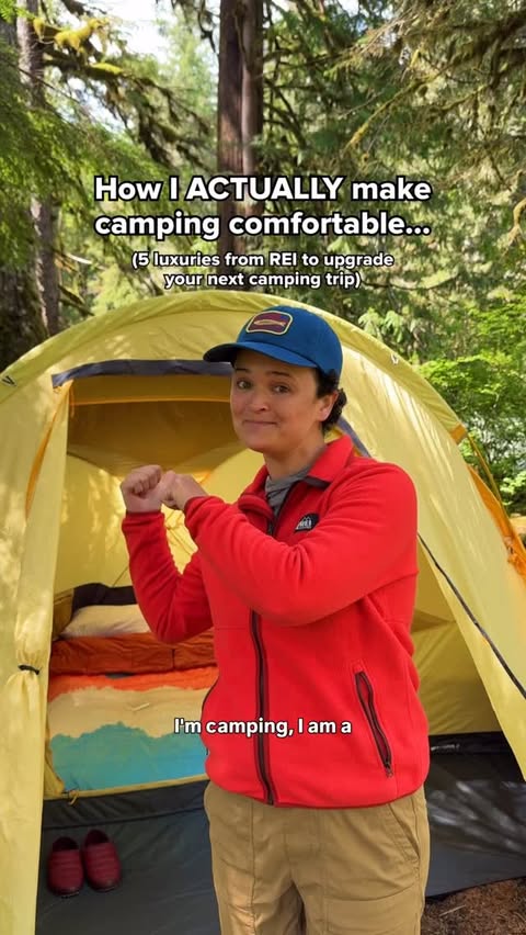 Instagram post by @gwynandami for The North Face. Caption reads: Camping, but make it comfy (AD) ✨🏕️ When I was....