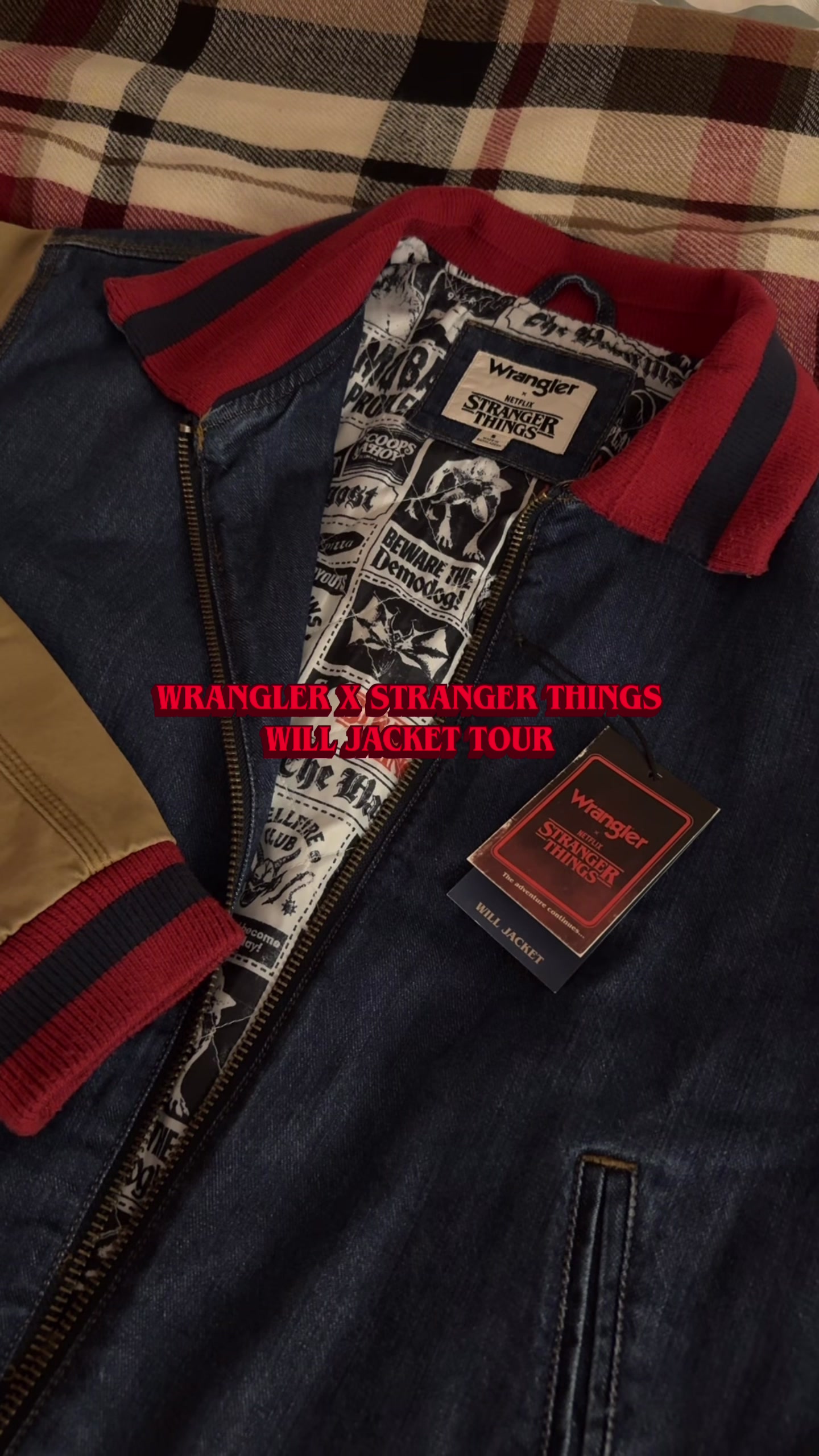TikTok post by @cosclaire for Wrangler. Caption reads: the lining is 👌 @Wrangler x @Stranger Things Will....
