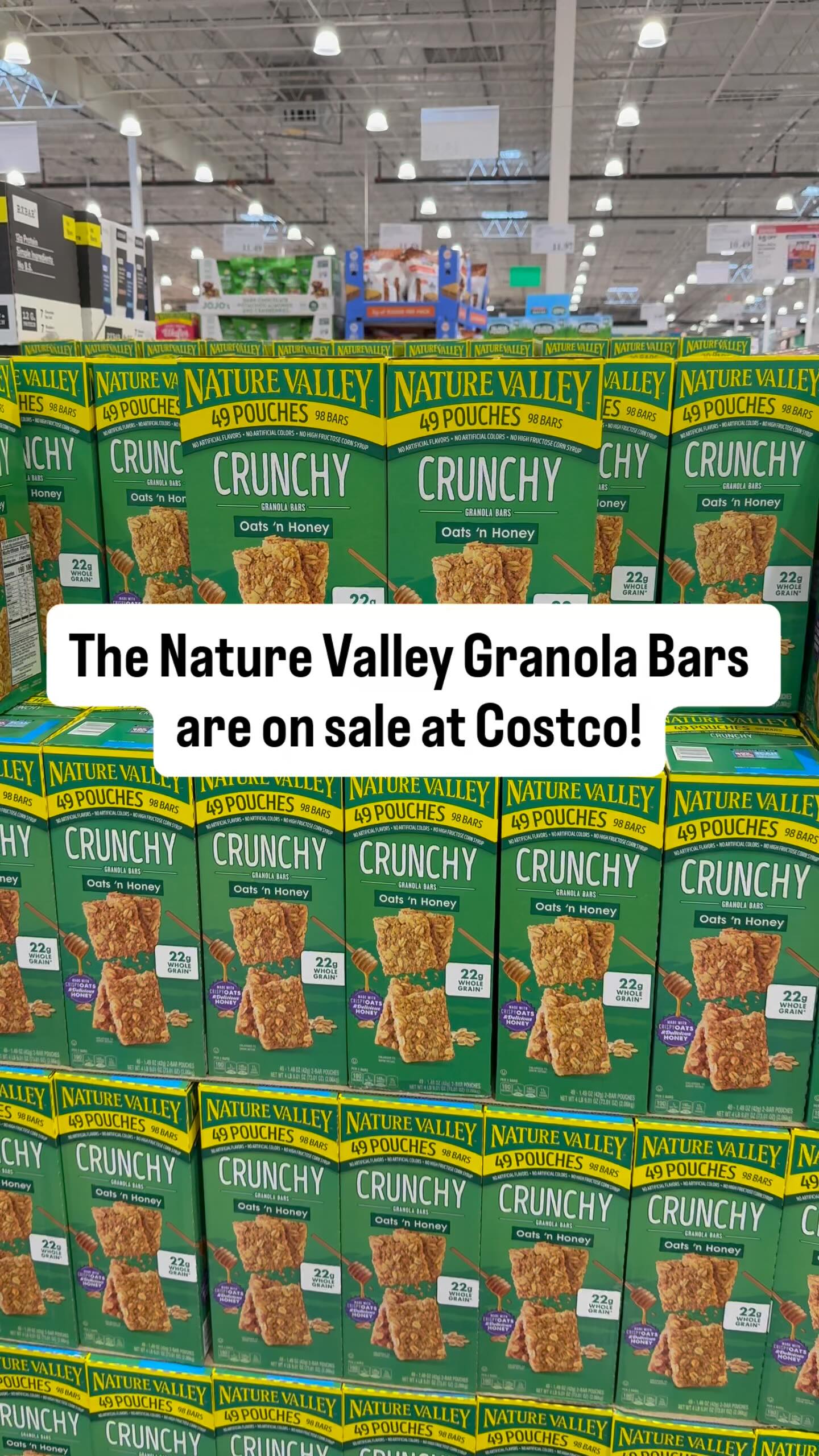 Instagram post by @costcohotfinds for Nature Valley. Caption reads: 😍 The box of 49 pouches of @nature_valley Oats ‘n....