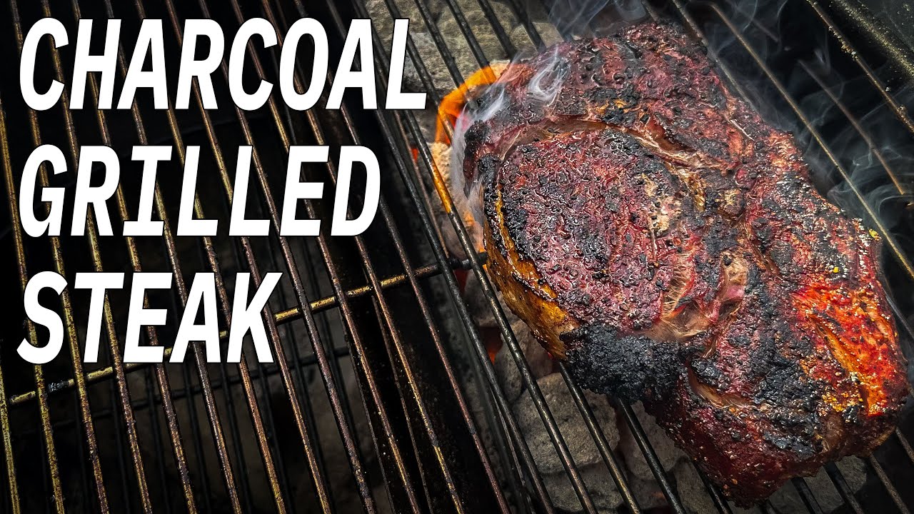 YouTube post by @AshKickinBBQ for ThermoWorks. Caption reads: Best Way To Grill A THICK Steak On A Charcoal....