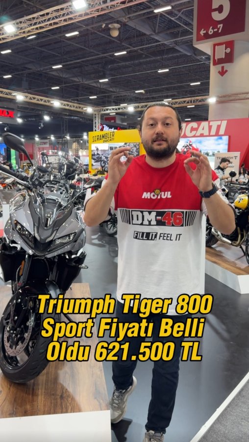 Instagram post by @motosikletistasyonu for Triumph Motorcycles. Caption reads: Yeni Triumph Tiger 800 Sport !! Fuar Taze Taze !.