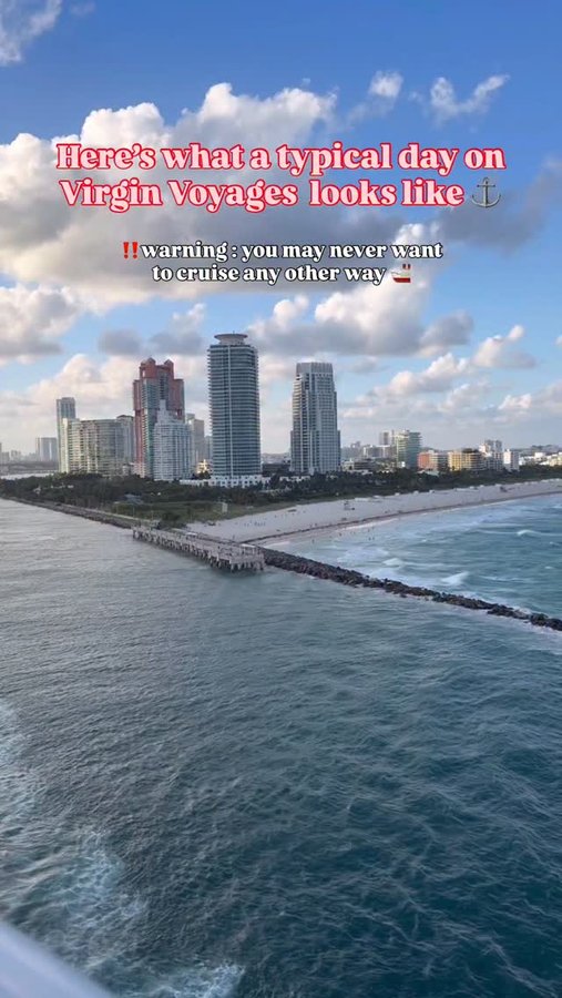 Instagram post by @andreagabrielllee for Virgin Voyages. Caption reads: A “typical” day on @VirginVoyages—with nothing....