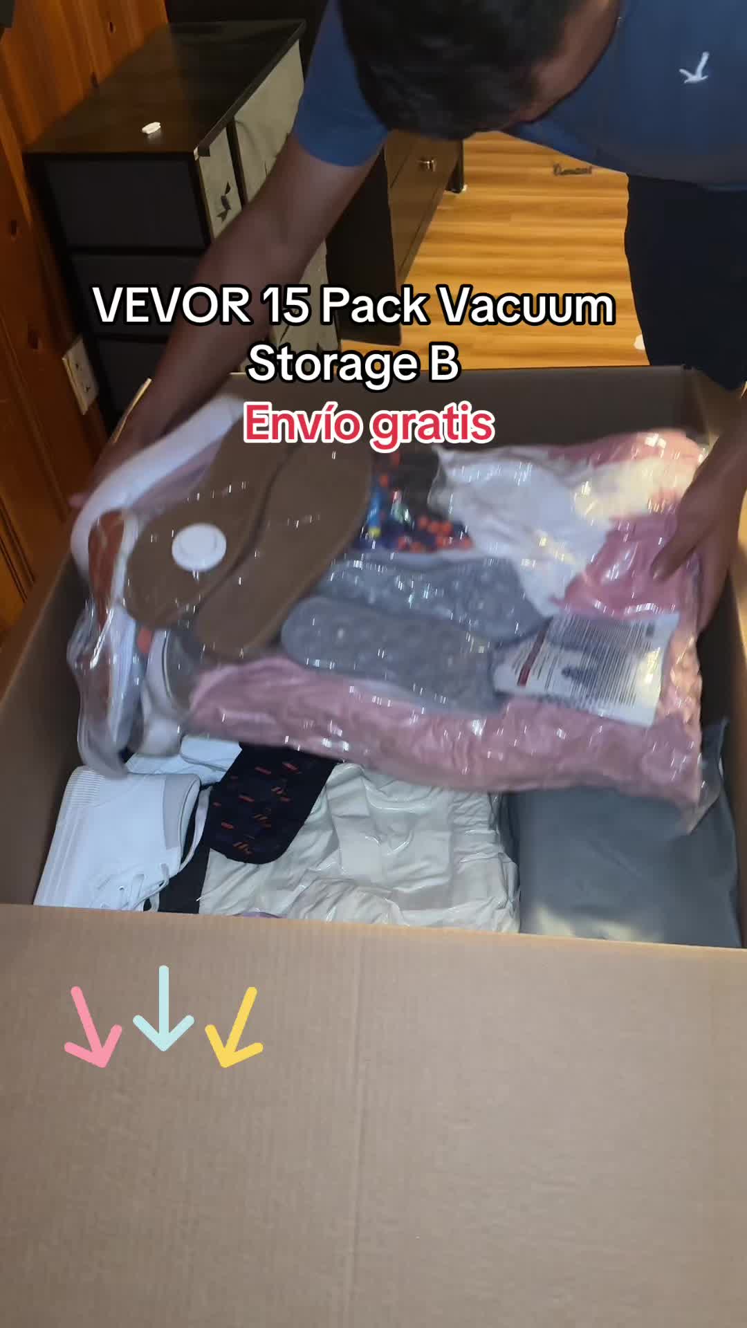 TikTok post by @ttsmorenita for VEVOR. Caption reads: 15 Pack Vacuum Storage Bags with Electric Pump,....
