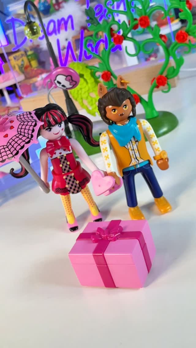 Instagram post by @dreamteamsworld for Monster High. Caption reads: Playmobil Monster High Draculaura + Clawd Wolf....