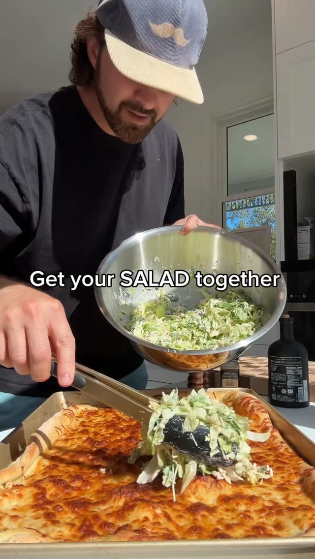 Instagram post by @dadsfoodtoday for Taylor Farms. Caption reads: Get Your Salad Together 
 This Caesar Salad Pizza....