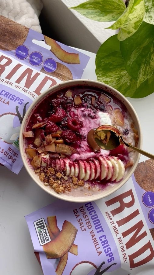 Instagram post by @miss.oat for RIND Snacks. Caption reads: @rindsnacks toasted vanilla sea salt coconut....