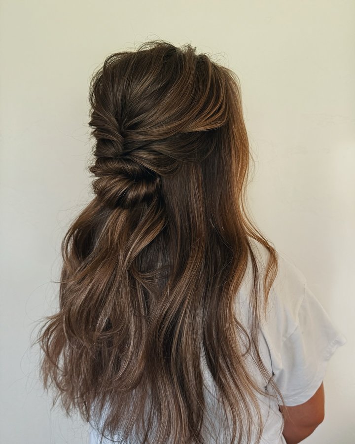 Instagram post by @updos.by.jocelyn for Moroccanoil Professionals. Caption reads: Obsessed with this half up hairstyle I created....